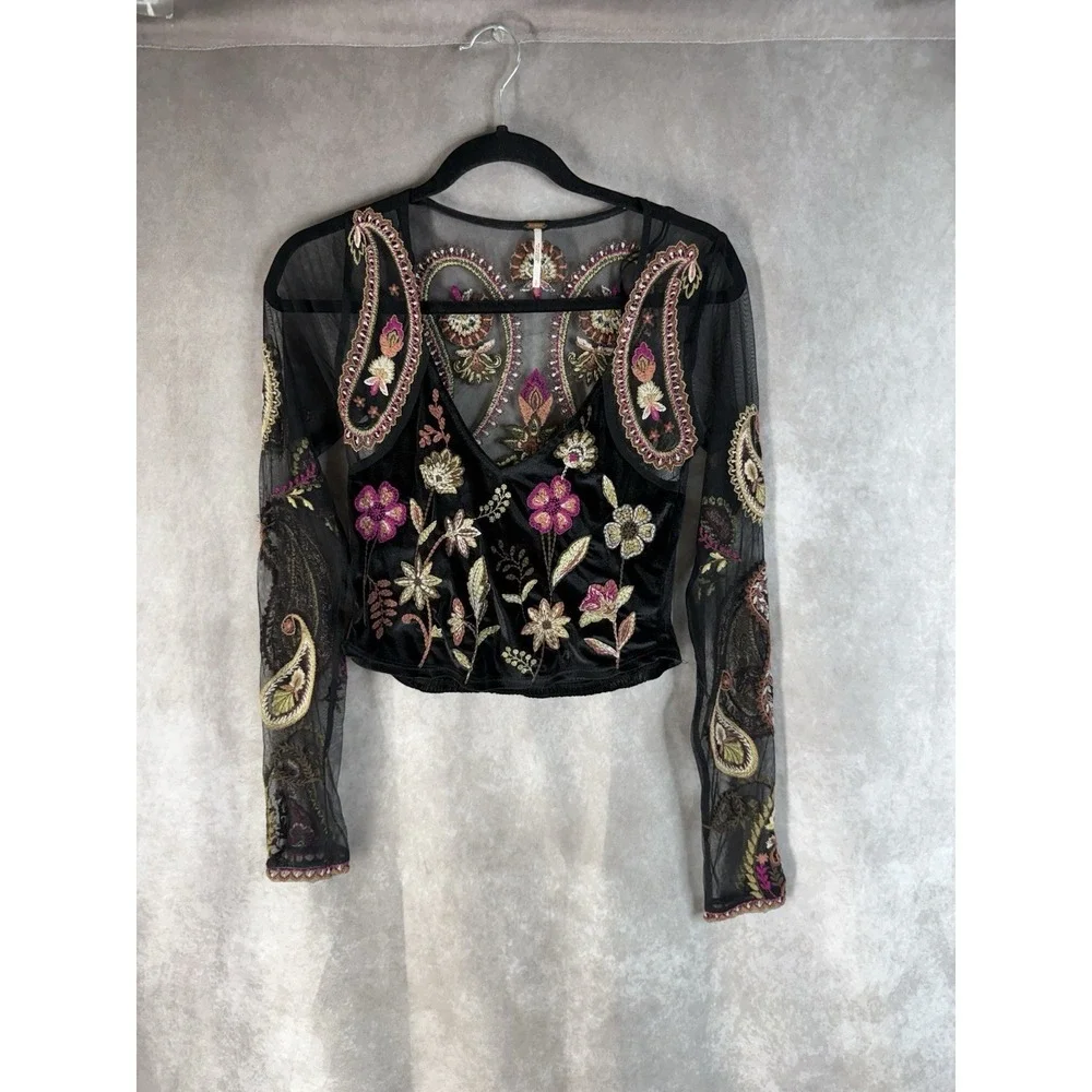 Free People Velvet Florence Embroidered Mesh Long Sleeve Top In Black Size S